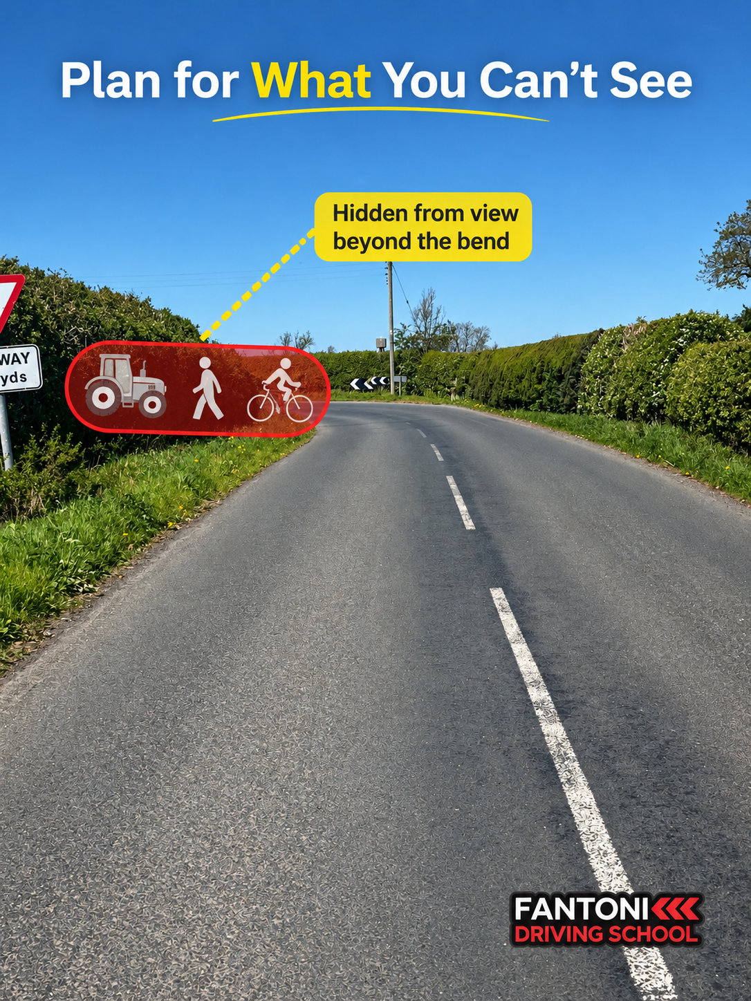 Rural bend with an illustration of a tractor, pedestrian and cyclist potentially hidden beyond the visible road.